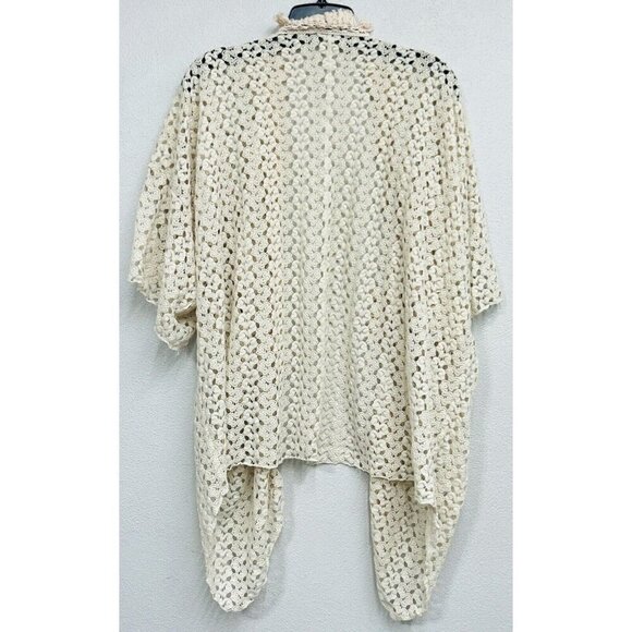 Earthbound Trading Co Crochet Cardigan Small Ivory Pink Fringe Coverup Boho - Picture 2 of 8